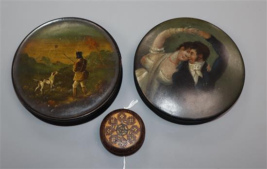 Two early 19th century circular painted papier mache snuff boxes and a small Tunbridge Ware box